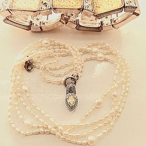 Luxury Yellow Diamond Gold Pendant + Real Pearl Necklace